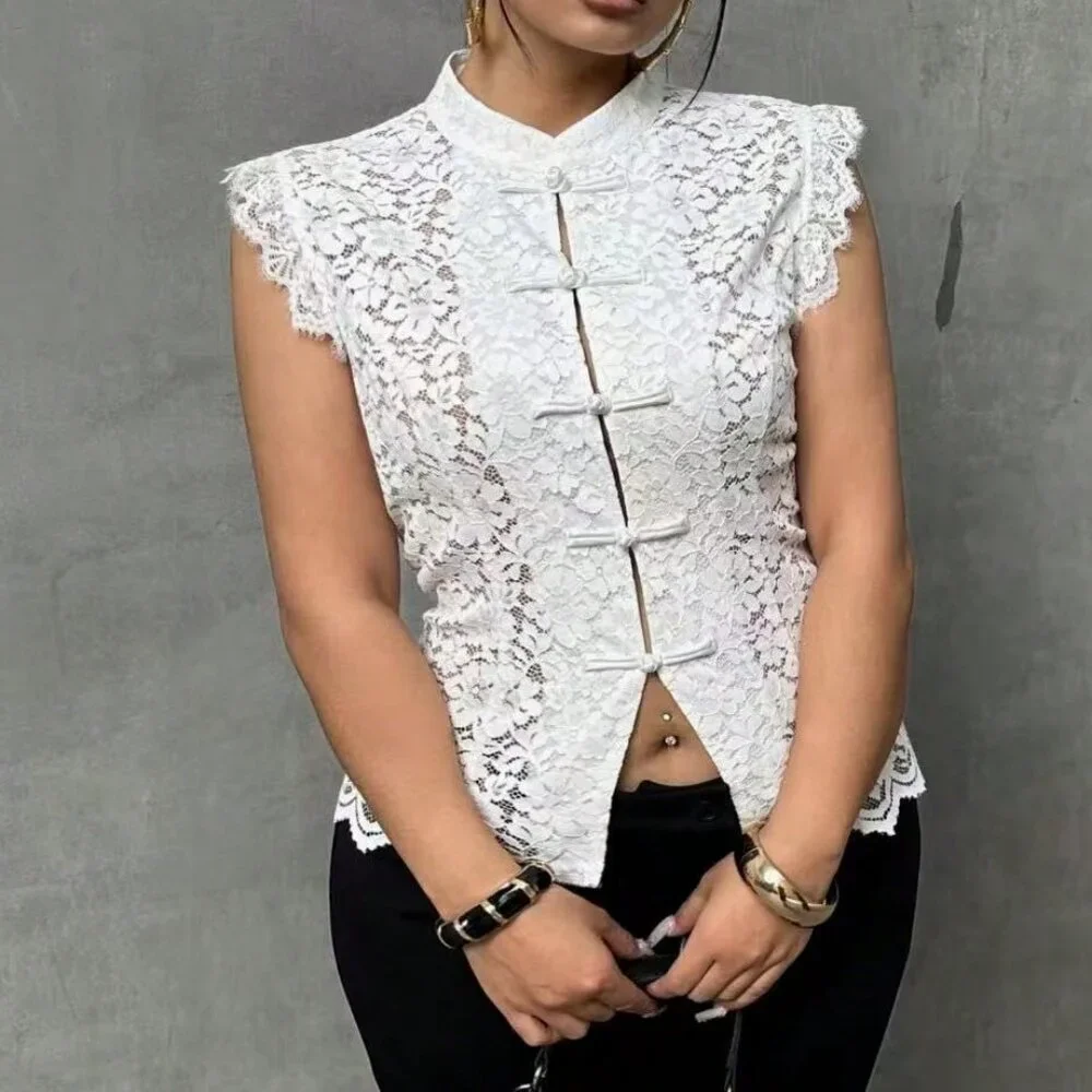 White Elegant Women's Plus Size Lace Button Collar Fitted Blouse - Picture 4 of 8